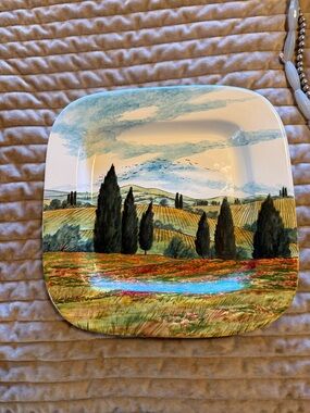 Scenic Tuscan Ceramic Salad Plate - Painted Cypress Landscape